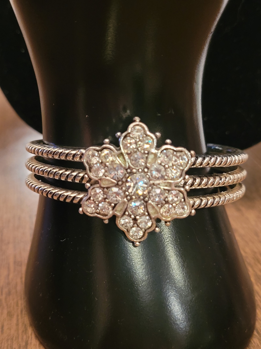 Triple Strand Silver Tone Rhinestone Floral Hinged Bangle Bracelet